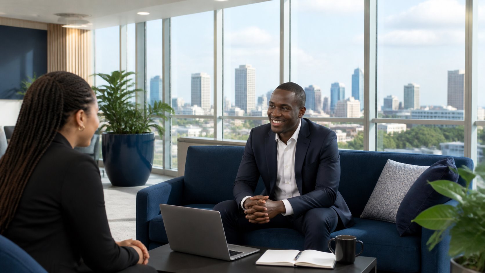 Consultants discussing organisational support in a professional office